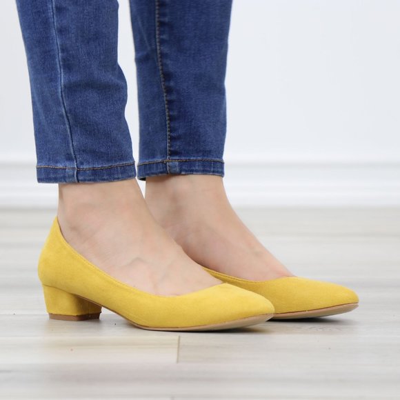 Mustard Faux Suede Close Round Toe Kitten Low Block Heel Pumps - Picture 2 of 13